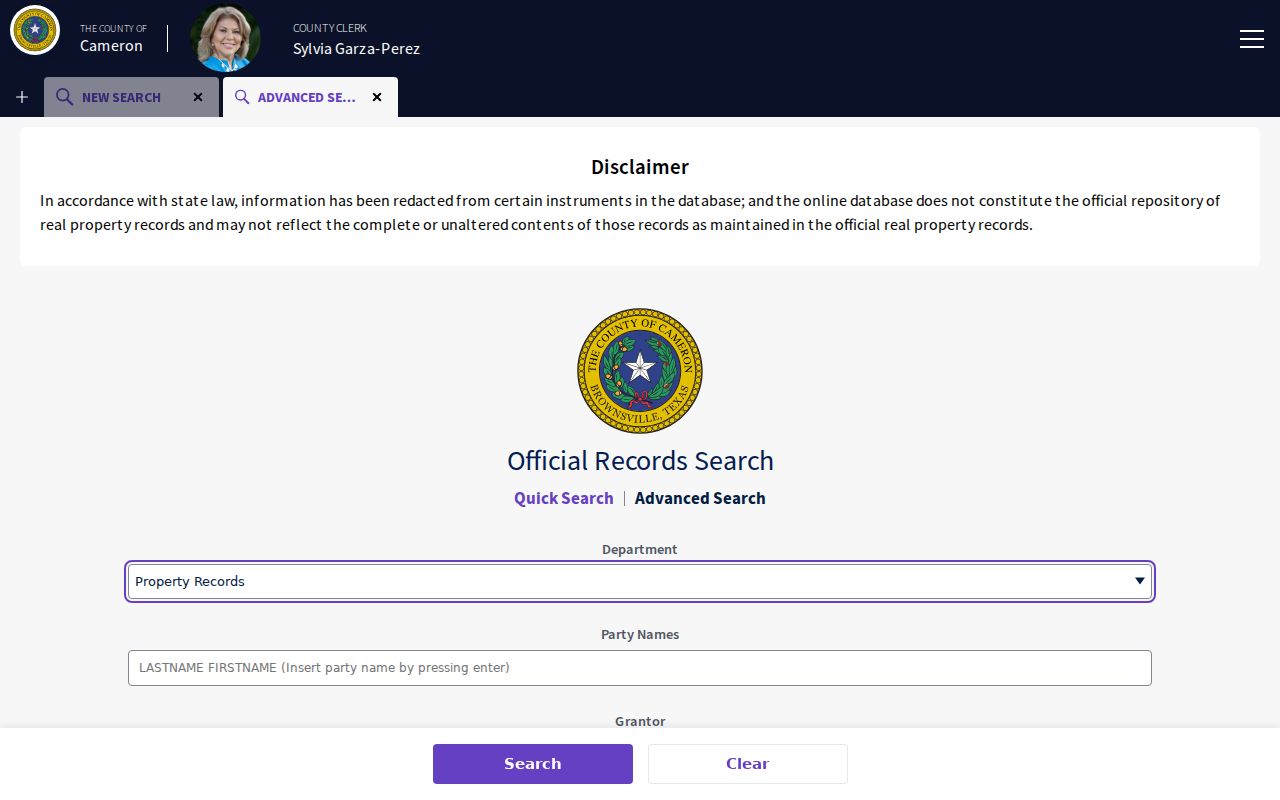 Cameron County street directory clerk advanced search fields