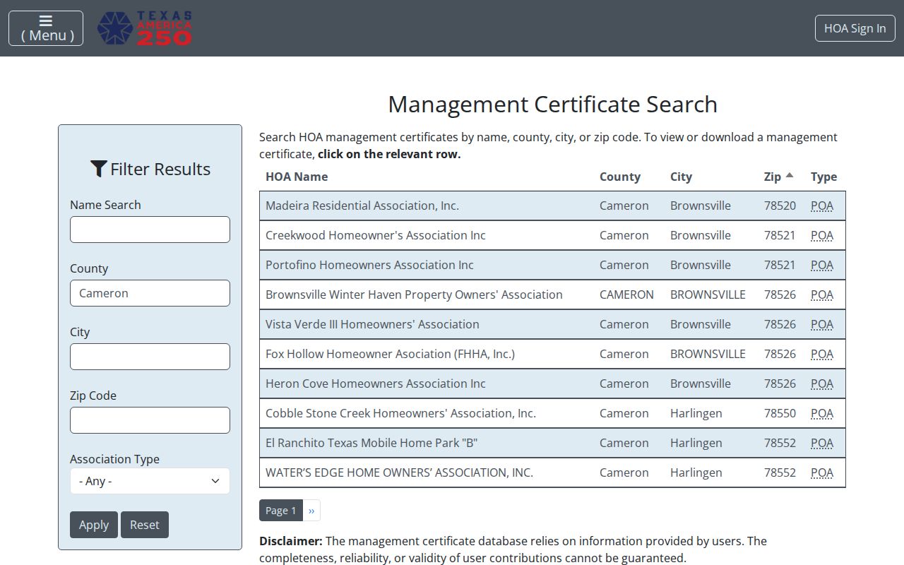 Cameron County Neighbors HOA management certificate search