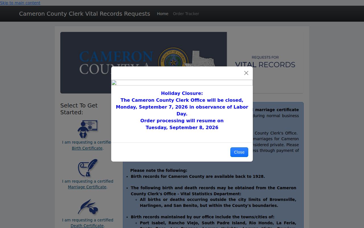 Cameron County residents directory vital records order portal
